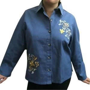 Floral Embroidered Shacket Blouse VTG M Petite Blue Gold Collared Button-Up